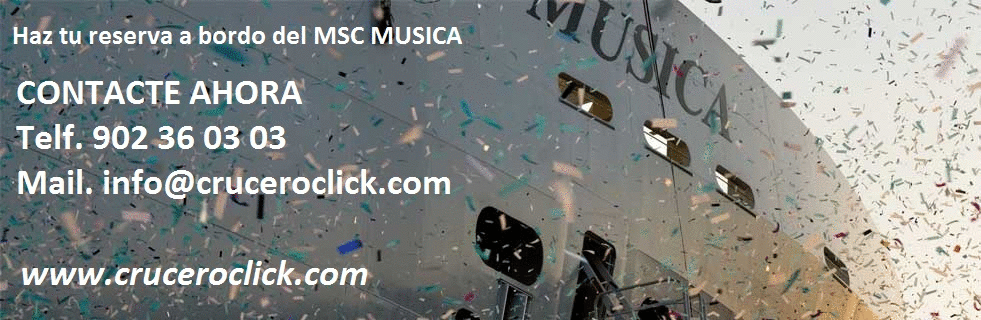 Reserve ahora su Crucero a bordo del MSC Musica llamando al 91 593 42 28 o al (+34) 667 667 447 o envíe un mail al correo info@cruceroclick.com y será atendido por un especialista en cruceros MSC. CRUCEROS MSC MUSICA CRUCEROS MSC CRUCEROS MEDITERRANEO CRUCEROS OFERTA CRUCEROS ITALIANOS MSC CROCIERE MSC GIF MSC MUSICA CRUCEROS OFERTA CRUCEROS MEDITERRANEO MEDITERRANEAN CRUISES MSC CRUISES